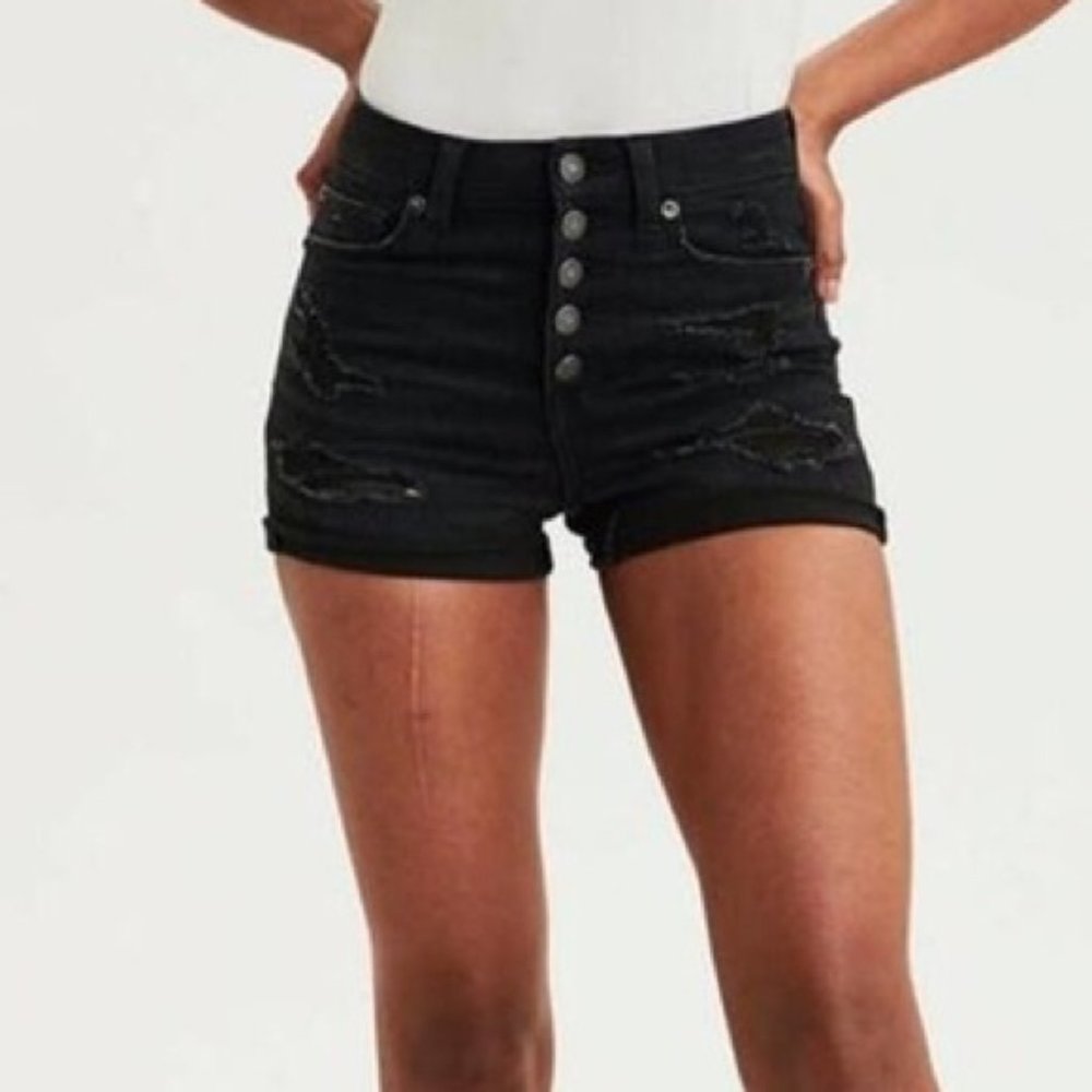 American Eagle Womens' Black Ne(x)t Level Curvy Super Hi-Rise Shortie Shorts
